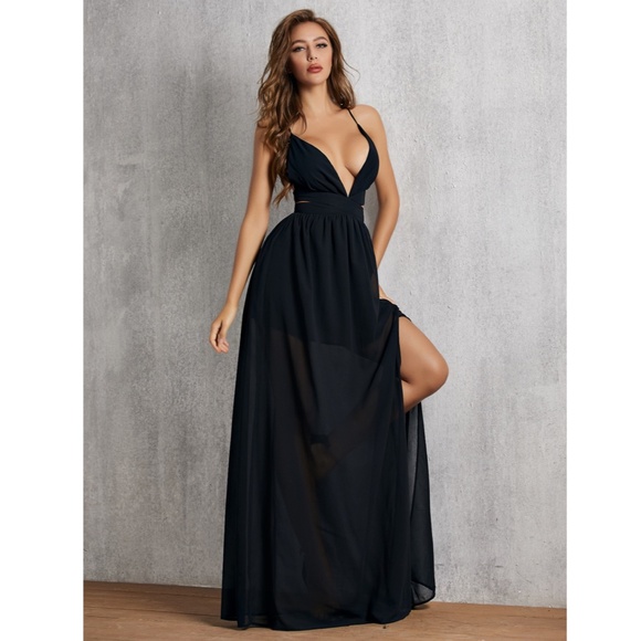 Deep V Backless High Slit Black Maxi Dress - Picture 4 of 8